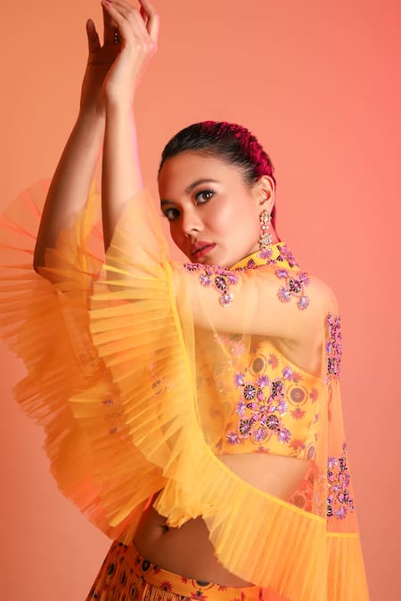 Diyarajvvir_Yellow Georgette, Modal Mandarin Collar Embroidered Cape And Printed Lehenga Set _Online_at_Aza_Fashions