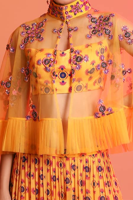 Buy_Diyarajvvir_Yellow Georgette, Modal Mandarin Collar Embroidered Cape And Printed Lehenga Set _Online_at_Aza_Fashions