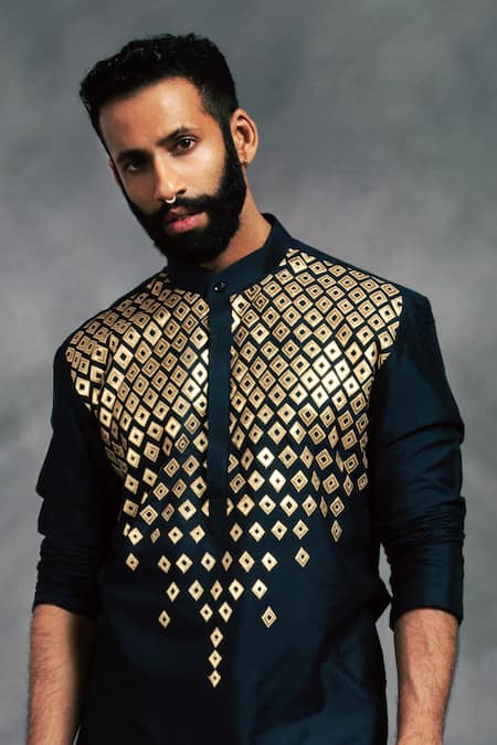 DiyaRajvvir_Black Cotton Silk Embroidered Kurta Set _Online_at_Aza_Fashions