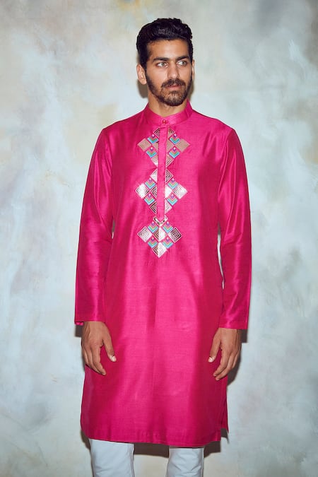 Diyarajvvir_Pink Silk Lining Embroidered Straight Kurta _Online_at_Aza_Fashions