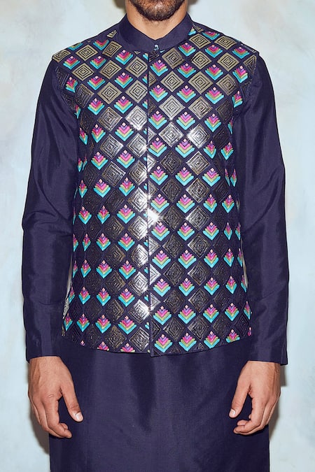 Diyarajvvir_Blue Cotton Silk Embroidered Bundi With Kurta _Online_at_Aza_Fashions