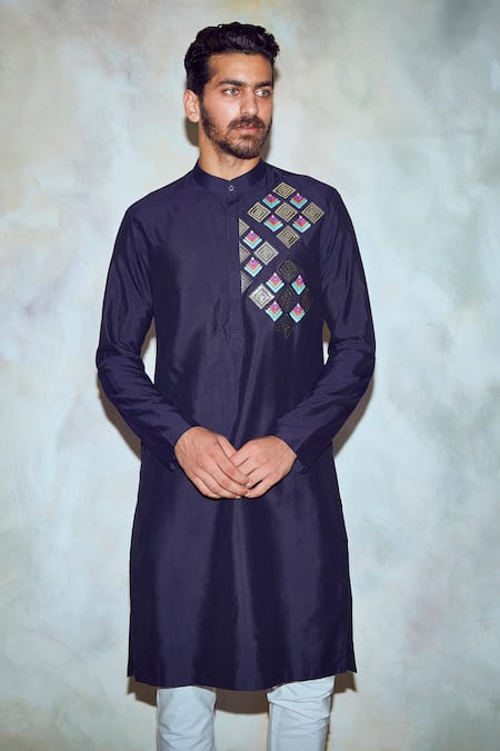 Diyarajvvir_Blue Silk Lining Embroidered Straight Kurta _Online_at_Aza_Fashions