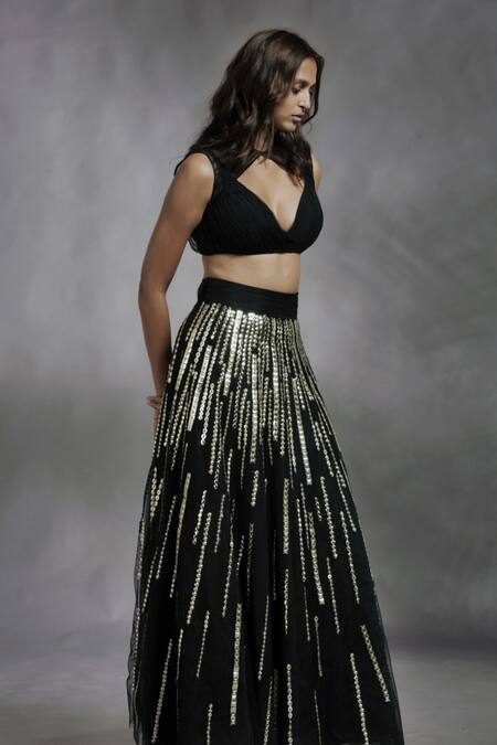 Diyarajvvir_Black Organza, Tulle V Neck Embellished Lehenga Set_Online_at_Aza_Fashions