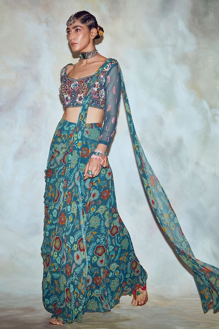 Diyarajvvir Blue Georgette, Cotton Silk Lining Pre-draped Sharara Pant Saree With Blouse 