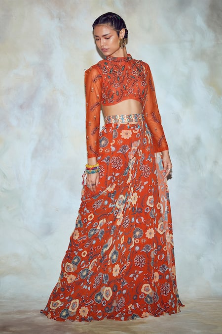 DiyaRajvvir Red Georgette Embroidery Stand Collar Pre-draped Sharara Pant Saree 