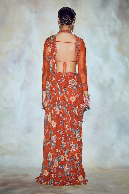 Shop Diyarajvvir Red Georgette, Cotton Silk Lining Shantoon Stand Pre-draped Sharara Pant Saree at Aza Fashions Shop_Diyarajvvir_Red Georgette, Cotton Silk Lining Shantoon Stand Pre-draped Sharara Pant Saree _at_Aza_Fashions