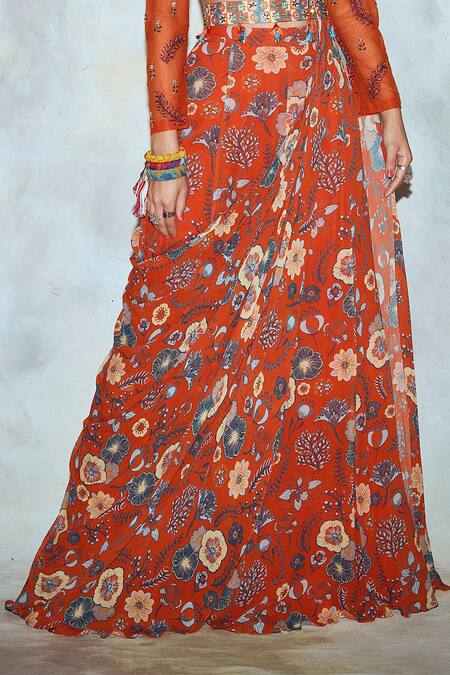 Diyarajvvir Red Georgette, Cotton Silk Lining Shantoon Stand Pre-draped Sharara Pant Saree Online at Aza Fashions Diyarajvvir_Red Georgette, Cotton Silk Lining Shantoon Stand Pre-draped Sharara Pant Saree _Online_at_Aza_Fashions