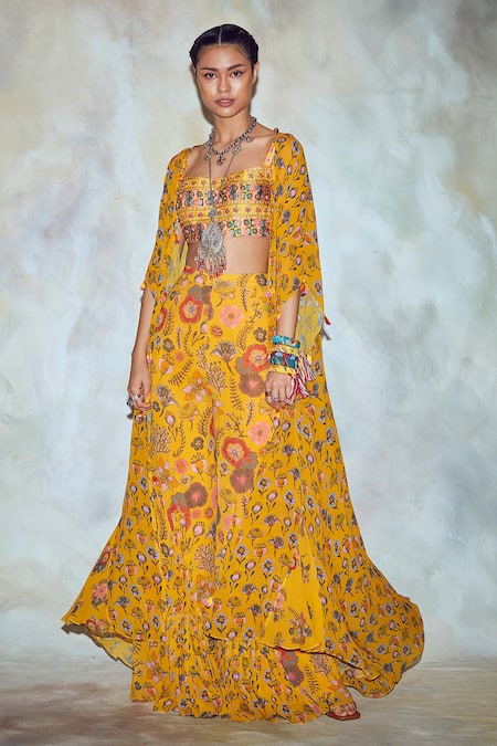 DiyaRajvvir_Yellow Georgette, Modal Lining Shantoon V Neck Printed Cape And Pant Set _Online_at_Aza_Fashions
