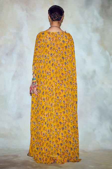 Shop_DiyaRajvvir_Yellow Georgette, Modal Lining Shantoon V Neck Printed Cape And Pant Set _at_Aza_Fashions