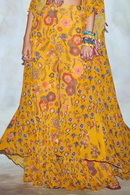 Shop_DiyaRajvvir_Yellow Georgette, Modal Lining Shantoon V Neck Printed Cape And Pant Set _Online_at_Aza_Fashions