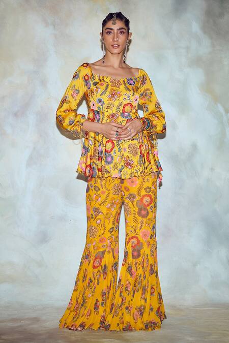 Diyarajvvir_Yellow Georgette And Modal Lining Shantoon & Printed Peplum Tunic & Pant Set _Online_at_Aza_Fashions