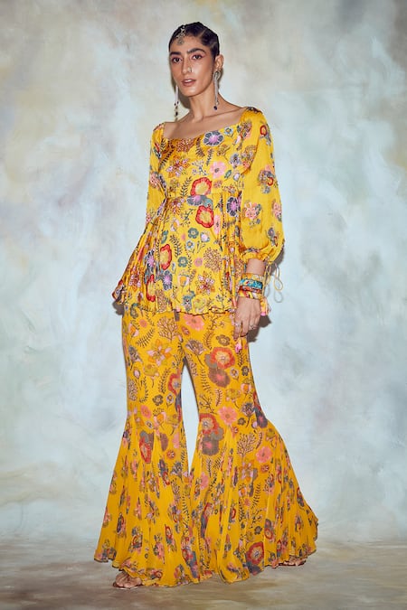 Buy_Diyarajvvir_Yellow Georgette And Modal Lining Shantoon & Printed Peplum Tunic & Pant Set _Online_at_Aza_Fashions