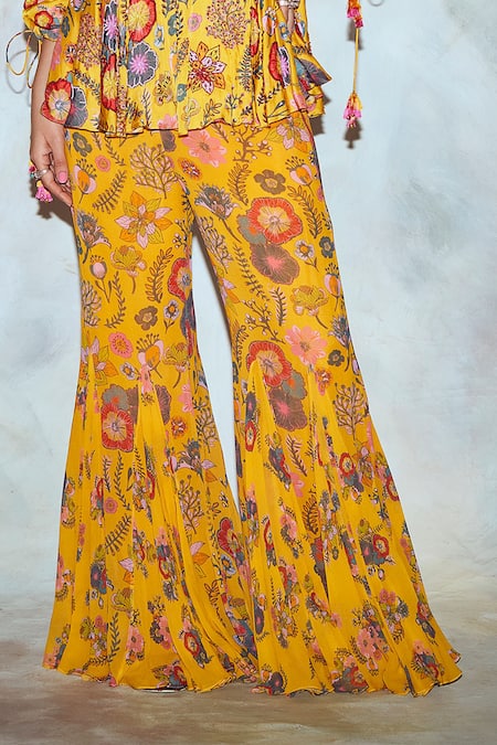 Shop_Diyarajvvir_Yellow Georgette And Modal Lining Shantoon & Printed Peplum Tunic & Pant Set _Online_at_Aza_Fashions