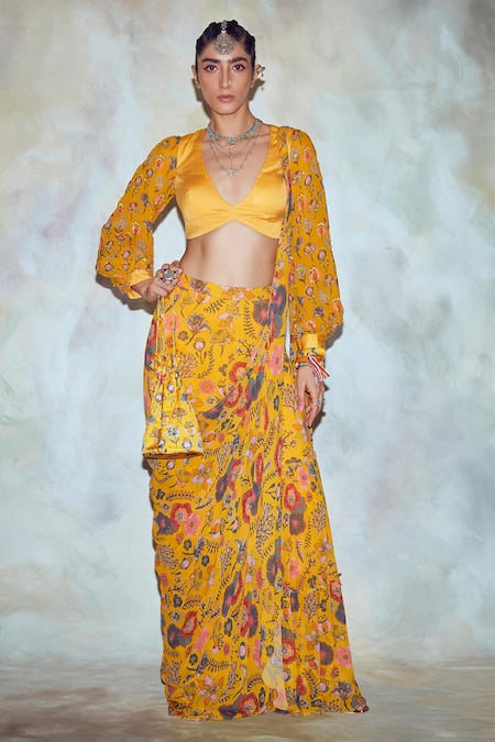 Diyarajvvir_Yellow Georgette, Modal Lining Shantoon V Neck Pre-draped Gharara Pant Saree _Online_at_Aza_Fashions