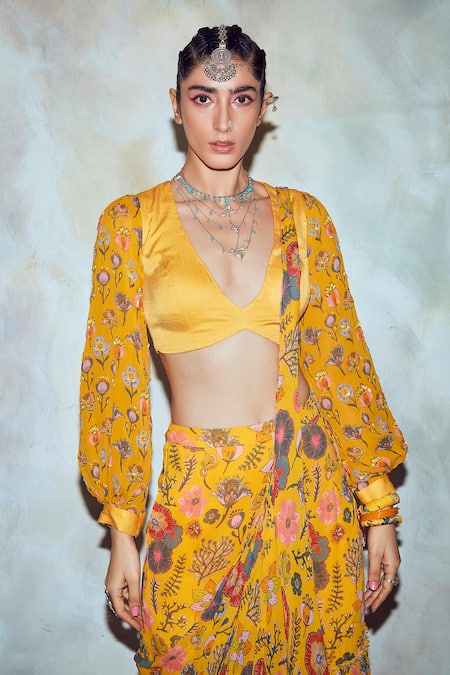 Buy_Diyarajvvir_Yellow Georgette, Modal Lining Shantoon V Neck Pre-draped Gharara Pant Saree _Online_at_Aza_Fashions