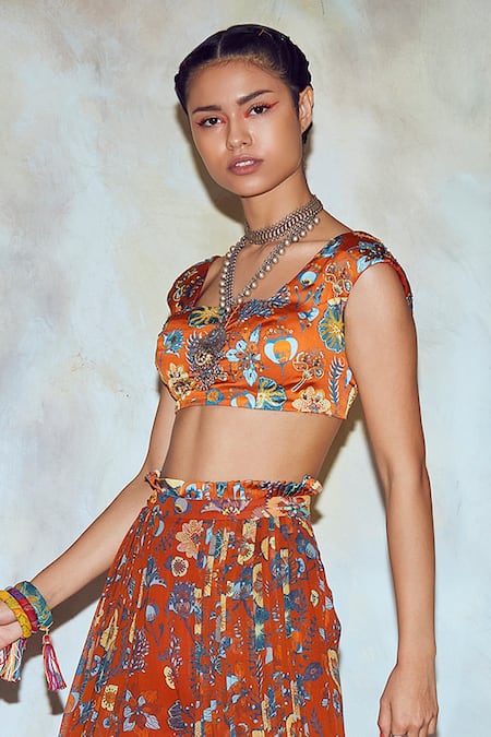 Diyarajvvir_Red Georgette Lining Shantoon Square Neck Printed Crop Top And Pant Set _Online_at_Aza_Fashions