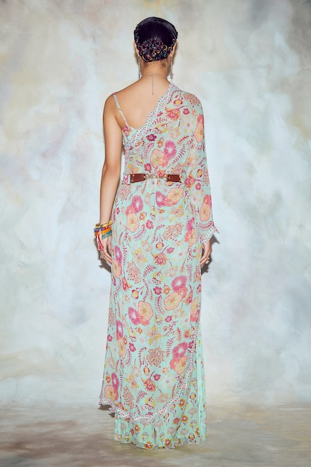 Shop Diyarajvvir Green Georgette Lining Shantoon Asymmetric Kaftan Tunic And Pant Set at Aza Fashions Shop_Diyarajvvir_Green Georgette Lining Shantoon Asymmetric Kaftan Tunic And Pant Set _at_Aza_Fashions