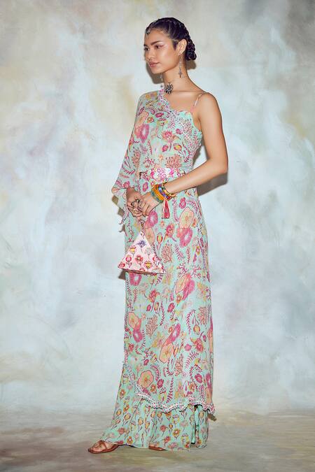 Diyarajvvir Green Georgette Lining Shantoon Asymmetric Kaftan Tunic And Pant Set Online at Aza Fashions Diyarajvvir_Green Georgette Lining Shantoon Asymmetric Kaftan Tunic And Pant Set _Online_at_Aza_Fashions