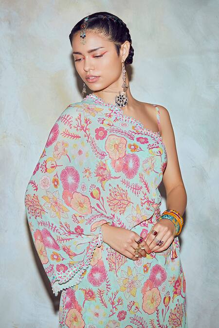 Shop Diyarajvvir Green Georgette Lining Shantoon Asymmetric Kaftan Tunic And Pant Set Online at Aza Fashions Shop_Diyarajvvir_Green Georgette Lining Shantoon Asymmetric Kaftan Tunic And Pant Set _Online_at_Aza_Fashions