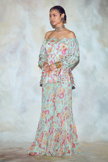 Diyarajvvir_Green Georgette And Modal Lining Shantoon Printed Peplum Top & Pant Set _Online_at_Aza_Fashions