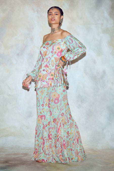 Buy_Diyarajvvir_Green Georgette And Modal Lining Shantoon Printed Peplum Top & Pant Set _Online_at_Aza_Fashions