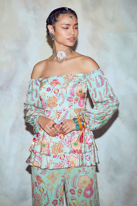 Shop_Diyarajvvir_Green Georgette And Modal Lining Shantoon Printed Peplum Top & Pant Set _Online_at_Aza_Fashions