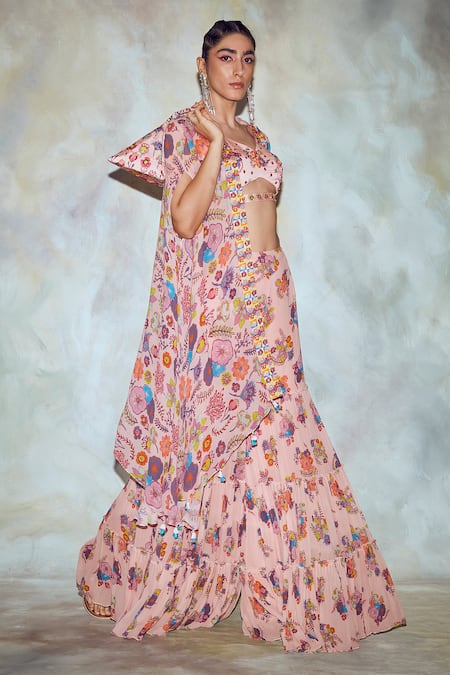 Diyarajvvir_Pink Georgette, Modal Lining Shantoon V Neck Printed Cape And Gharara Pant Set _Online_at_Aza_Fashions