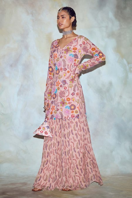 Diyarajvvir_Pink Georgette Lining Shantoon And Tulle V Neck Printed Kurta Sharara Set _Online_at_Aza_Fashions