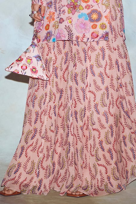 Buy_Diyarajvvir_Pink Georgette Lining Shantoon And Tulle V Neck Printed Kurta Sharara Set _Online_at_Aza_Fashions