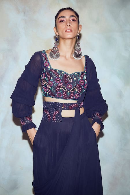 Diyarajvvir Blue Georgette, Cotton Silk Lining Pre-draped Sharara Pant Saree With Blouse 