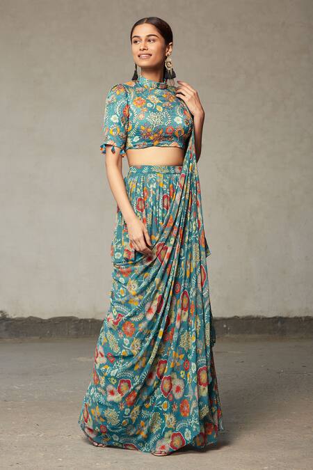 Buy_Diyarajvvir_Blue Georgette, Modal Floral Motifs High Neck Printed Layered Saree With Blouse _Online_at_Aza_Fashions