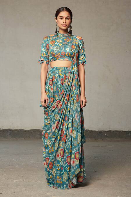 Diyarajvvir_Blue Georgette, Modal Floral Motifs High Neck Printed Layered Saree With Blouse _Online_at_Aza_Fashions