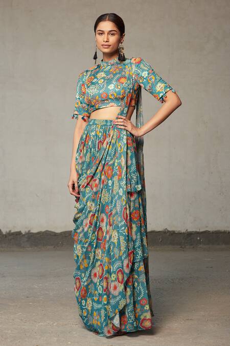 Shop_Diyarajvvir_Blue Georgette, Modal Floral Motifs High Neck Printed Layered Saree With Blouse _Online_at_Aza_Fashions