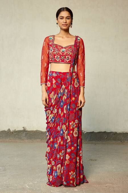 Diyarajvvir Red Georgette, Cotton Silk Floral Motifs Printed Sharara Pant Saree With Blouse Online at Aza Fashions Diyarajvvir_Red Georgette, Cotton Silk Floral Motifs Printed Sharara Pant Saree With Blouse _Online_at_Aza_Fashions