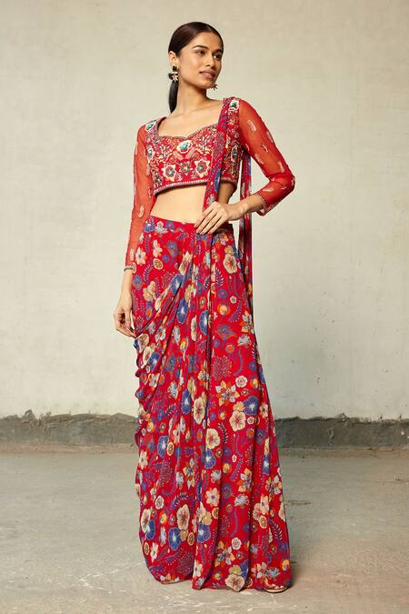 Buy Diyarajvvir Red Georgette, Cotton Silk Floral Motifs Printed Sharara Pant Saree With Blouse Online at Aza Fashions Buy_Diyarajvvir_Red Georgette, Cotton Silk Floral Motifs Printed Sharara Pant Saree With Blouse _Online_at_Aza_Fashions