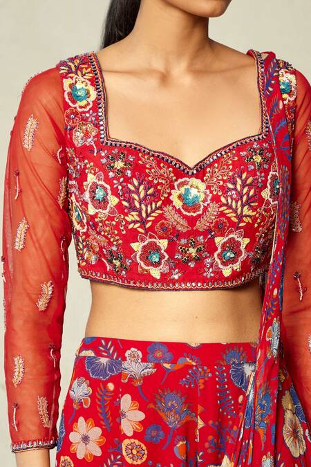 Shop Diyarajvvir Red Georgette, Cotton Silk Floral Motifs Printed Sharara Pant Saree With Blouse Online at Aza Fashions Shop_Diyarajvvir_Red Georgette, Cotton Silk Floral Motifs Printed Sharara Pant Saree With Blouse _Online_at_Aza_Fashions