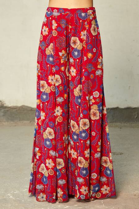 Diyarajvvir Red Georgette, Cotton Silk Floral Motifs Printed Sharara Pant Saree With Blouse at Aza Fashions Diyarajvvir_Red Georgette, Cotton Silk Floral Motifs Printed Sharara Pant Saree With Blouse _at_Aza_Fashions