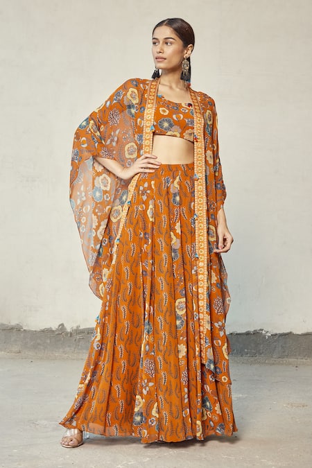 DiyaRajvvir Orange Georgette Printed Floral Motifs Scoop Skirt Set With Jacket 