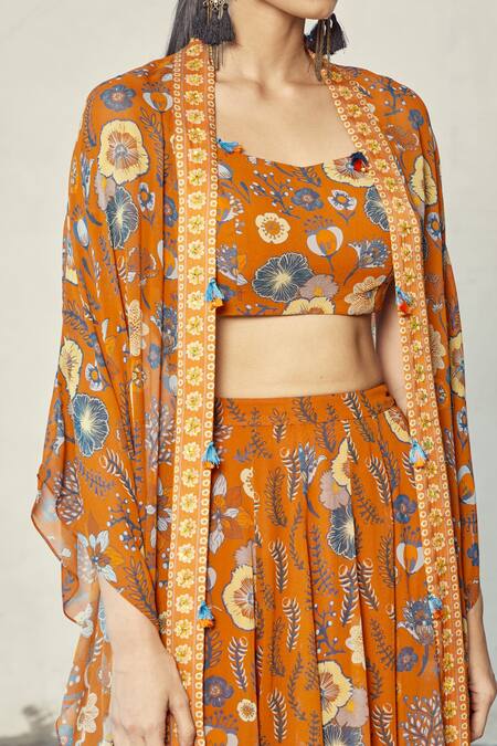Shop_Diyarajvvir_Orange Georgette Floral Motifs Scoop Neck Printed Skirt Set With Jacket _Online_at_Aza_Fashions