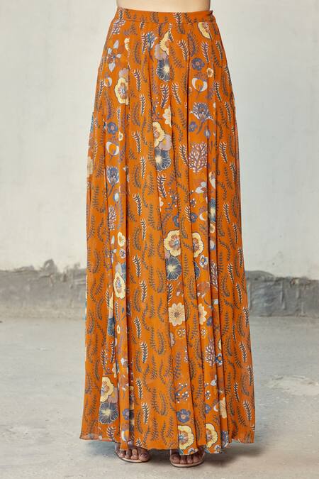 Diyarajvvir_Orange Georgette Floral Motifs Scoop Neck Printed Skirt Set With Jacket _at_Aza_Fashions