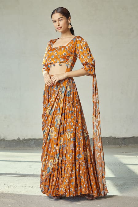 Buy_Diyarajvvir_Orange Georgette, Modal Floral Motifs Square Tiered Draped Saree With Blouse _Online_at_Aza_Fashions