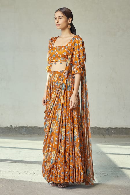 Diyarajvvir_Orange Georgette, Modal Floral Motifs Square Tiered Draped Saree With Blouse _Online_at_Aza_Fashions