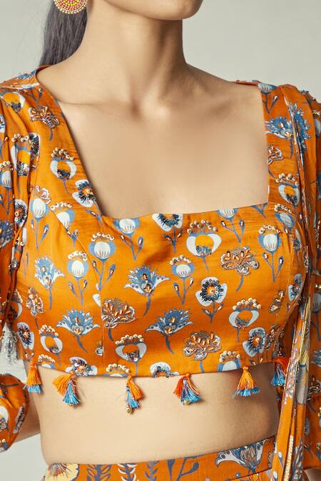 Diyarajvvir_Orange Georgette, Modal Floral Motifs Square Tiered Draped Saree With Blouse _at_Aza_Fashions