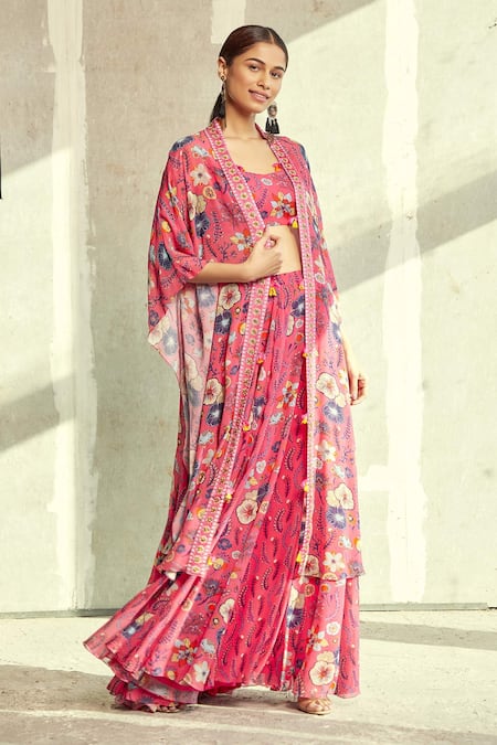 Diyarajvvir_Pink Georgette Floral Motifs Scoop Neck Print Skirt Set With Jacket _Online_at_Aza_Fashions