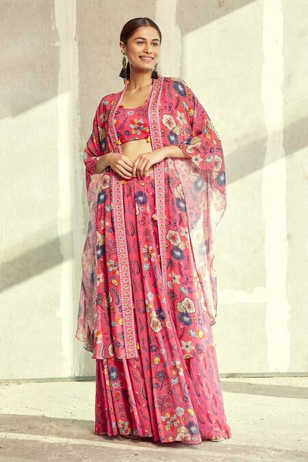 Buy_Diyarajvvir_Pink Georgette Floral Motifs Scoop Neck Print Skirt Set With Jacket _Online_at_Aza_Fashions