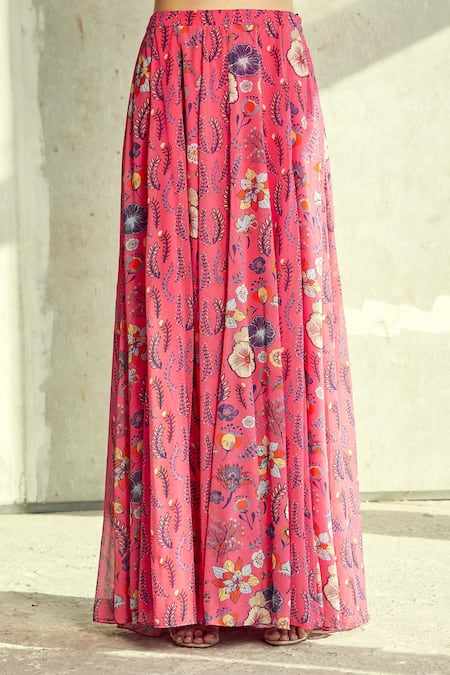 Diyarajvvir_Pink Georgette Floral Motifs Scoop Neck Print Skirt Set With Jacket _at_Aza_Fashions