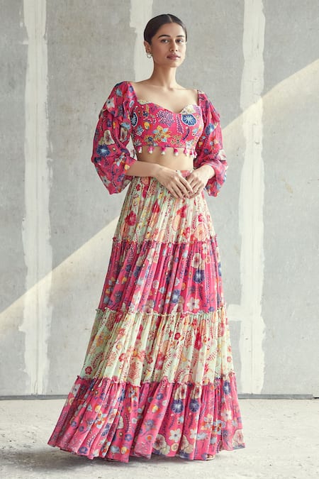 Diyarajvvir Pink Georgette, Modal Floral Motifs Sweetheart Printed Tiered Skirt With Blouse 