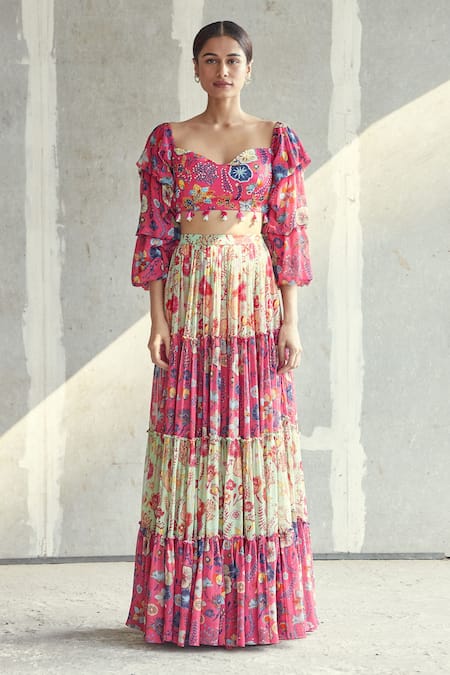 Diyarajvvir_Pink Georgette, Modal Floral Motifs Sweetheart Printed Tiered Skirt With Blouse _Online_at_Aza_Fashions