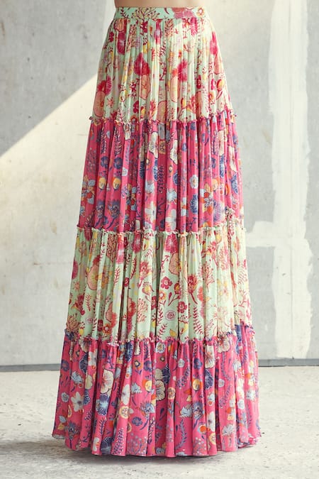 Diyarajvvir_Pink Georgette, Modal Floral Motifs Sweetheart Printed Tiered Skirt With Blouse _at_Aza_Fashions