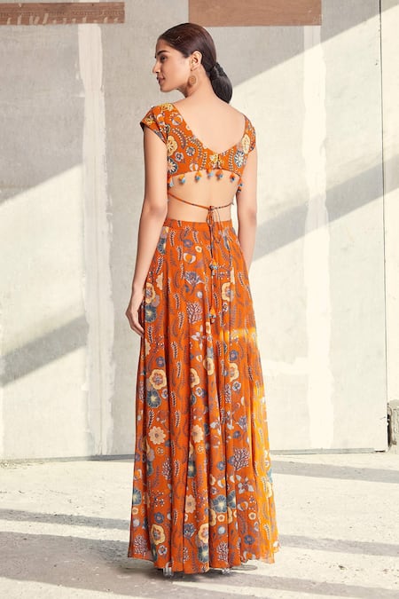 Diyarajvvir_Orange Georgette Floral Motifs V Neck Print Lehenga Set _Online_at_Aza_Fashions
